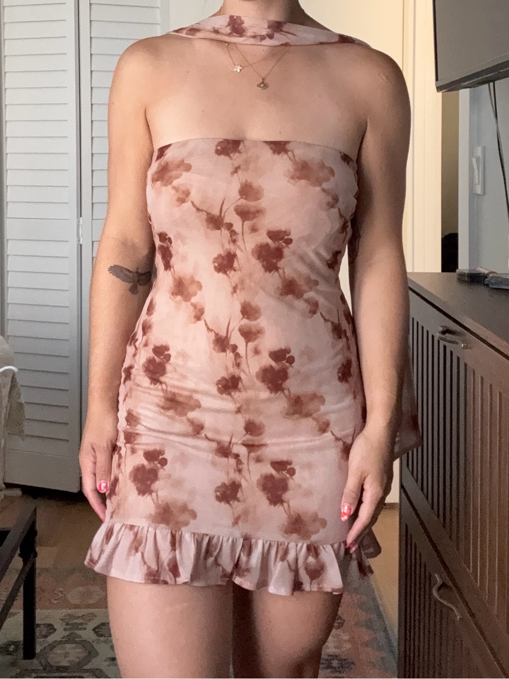 Princess Polly Strapless Blush Floral Ruffle-Hem Mini Dress